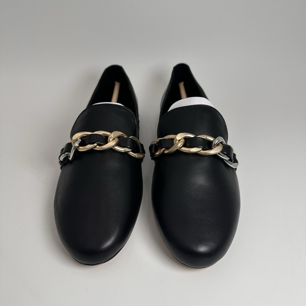 Chicos Heidi Black Slip On Loafers Gold Chain Detail Womens Size 7.5M Flats